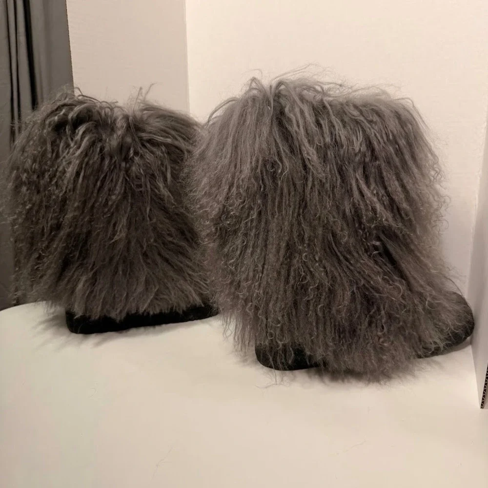 Bearpaw Boetis Grey Shaggy Fur Boots Cow Hair Curly Lamb Wool Sheep Womens 8